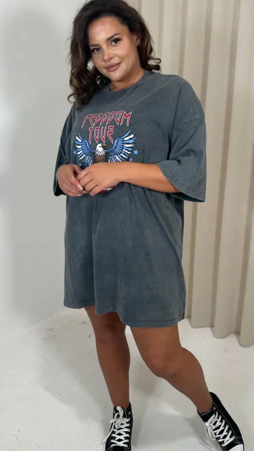 CurveWow Acid Wash Grunge T Dress Charcoal