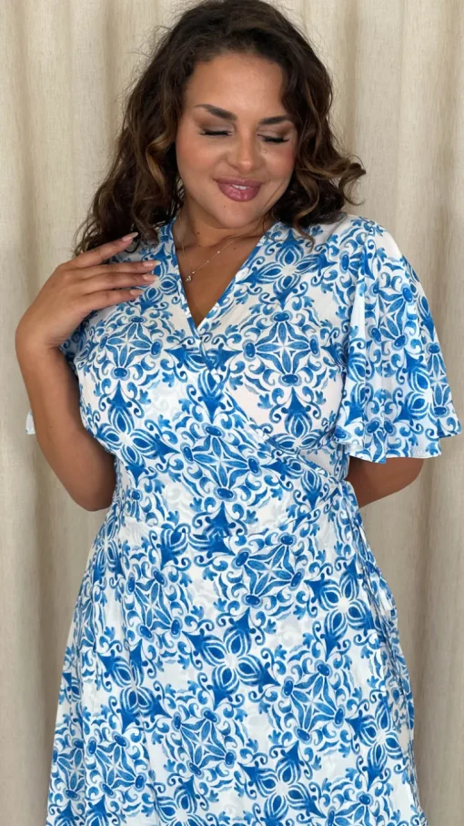 CurveWow Angel Sleeve Wrap Dress Blue Print