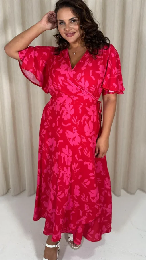 CurveWow Angel Sleeve Wrap Dress Red/Pink