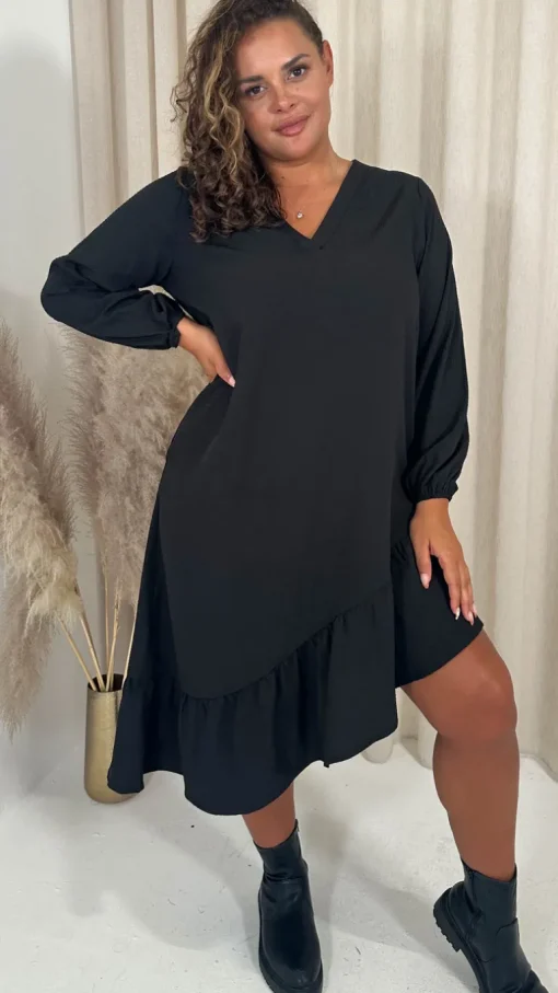 CurveWow Asymmetric Textured Hem V Neck Shift Dress Black