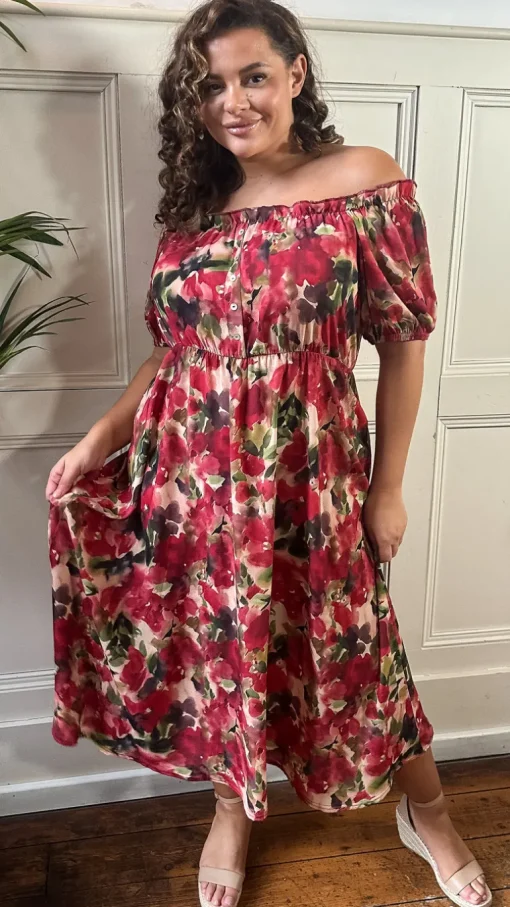 CurveWow Bardot Midi Dress Printed Blurred Floral