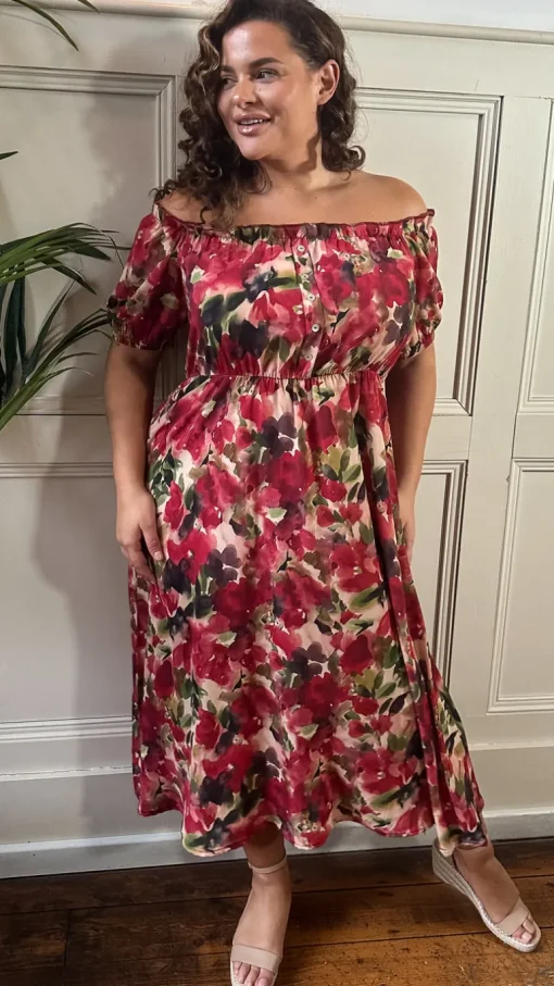 CurveWow Bardot Midi Dress Printed Blurred Floral