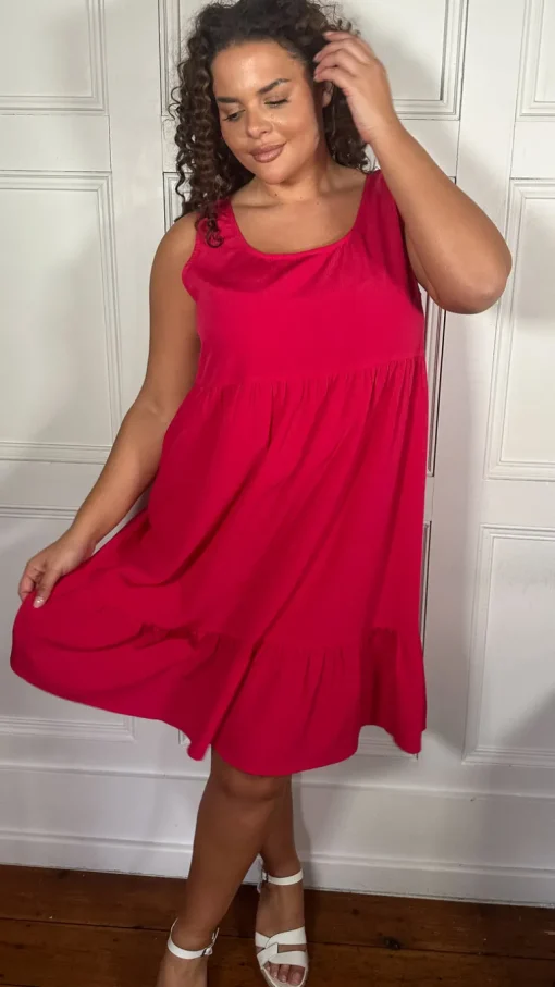 CurveWow Basic Sundress Plain Cerise