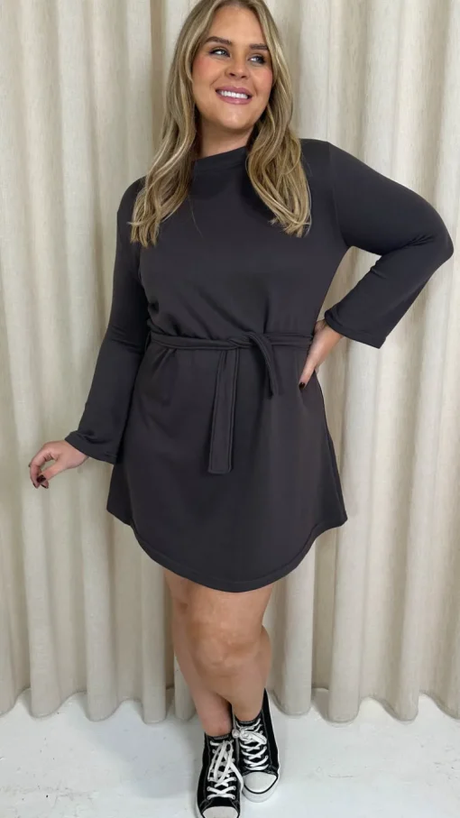 CurveWow Belted Swing Dress Charcoal