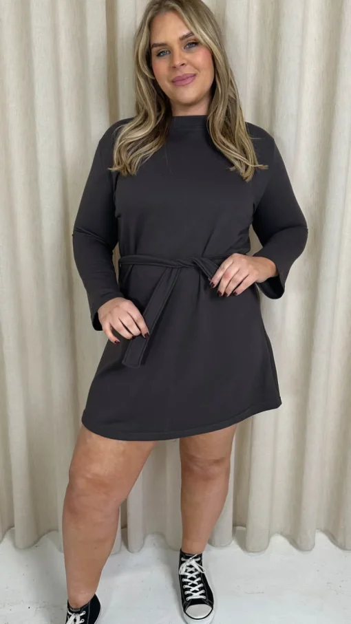 CurveWow Belted Swing Dress Charcoal