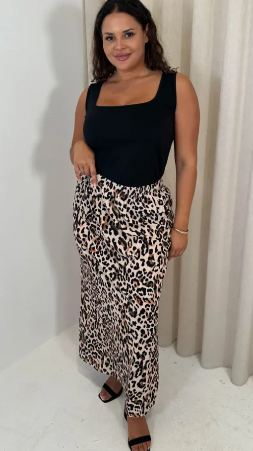 CurveWow Bubble Crepe Split Side Midaxi Skirt Leopard