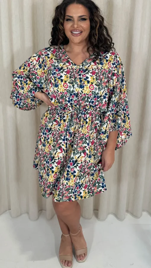CurveWow Button Front Kimono Sleeve Dress Blue Multi Floral