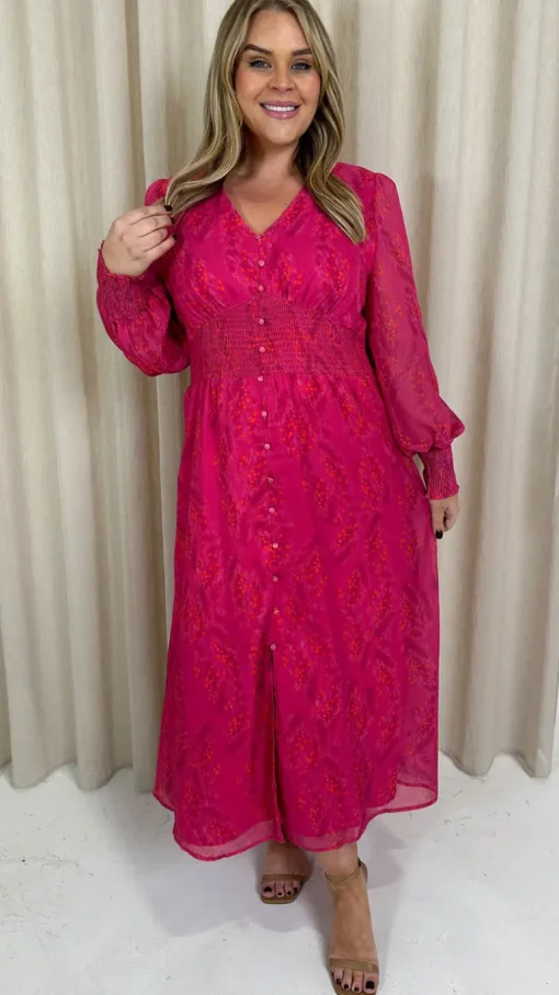 CurveWow Button Front Maxi Dress Magenta Floral