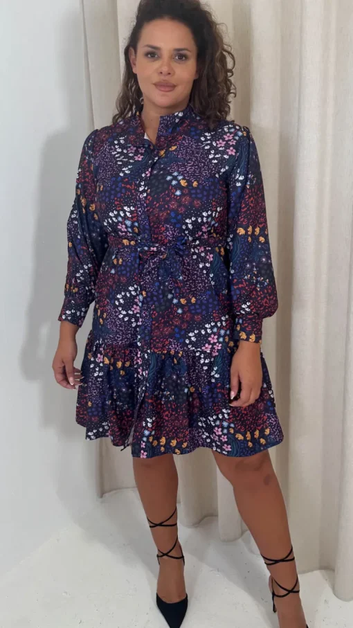 CurveWow Button Front Mini Dress Patchwork Floral