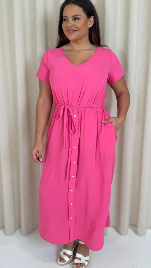 CurveWow Button Front Ocean Crepe Maxi Dress Cerise