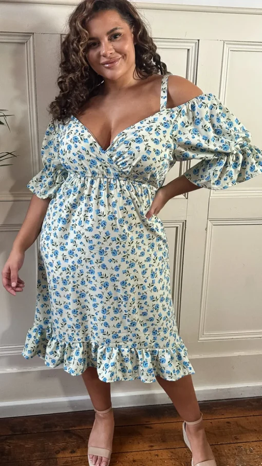 CurveWow Cold Shoulder Frill Dress Blue Ditsy