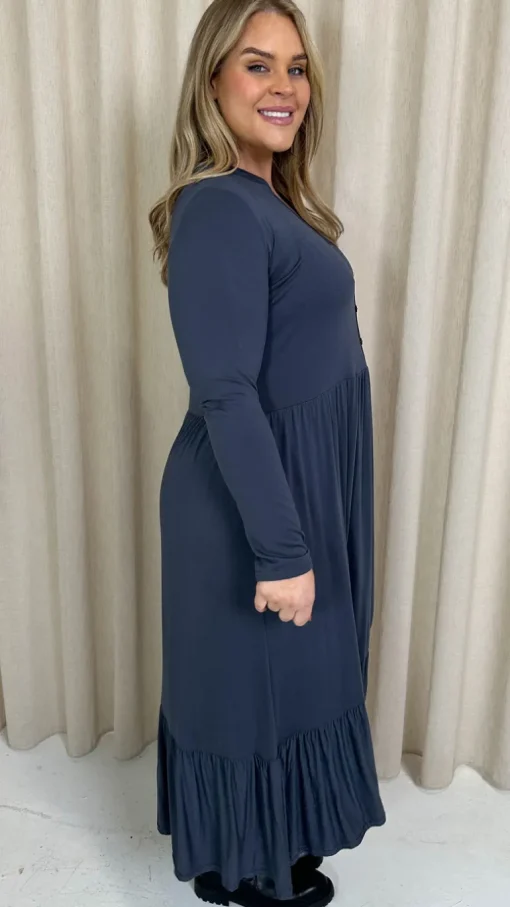 CurveWow Collared Button Smock Dress Slate Grey
