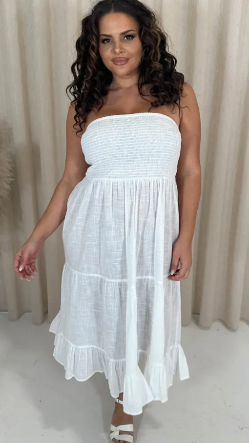 CurveWow Cotton Shirred Bandeau Midi Dress White