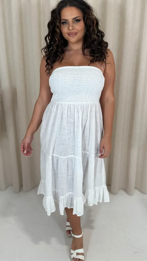 CurveWow Cotton Shirred Bandeau Midi Dress White
