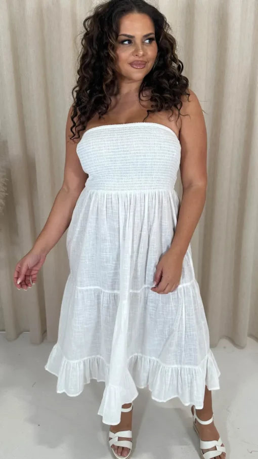 CurveWow Cotton Shirred Bandeau Midi Dress White
