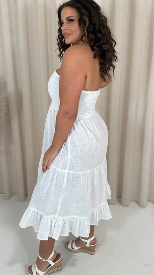 CurveWow Cotton Shirred Bandeau Midi Dress White