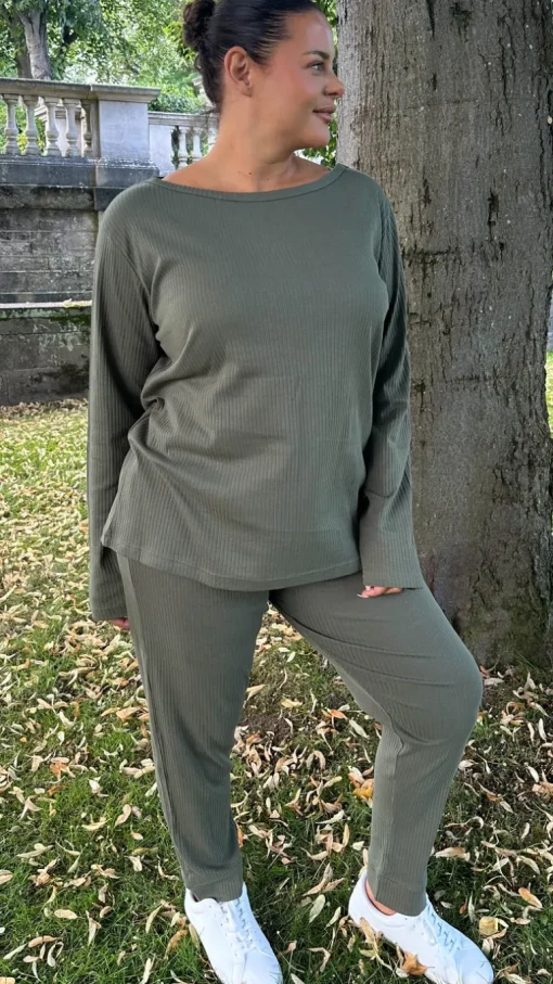 CurveWow Crew Neck Jogger Lounge Set Khaki