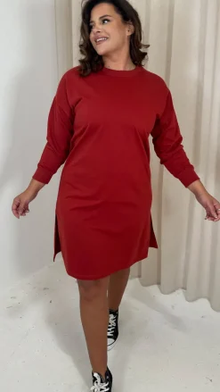 CurveWow Crew Neck Side Split Sweat Dress Rust