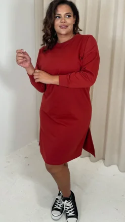 CurveWow Crew Neck Side Split Sweat Dress Rust