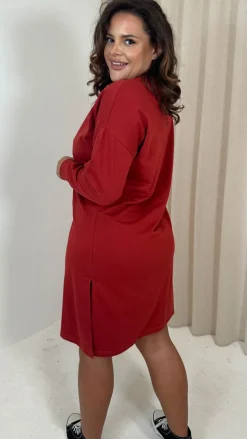 CurveWow Crew Neck Side Split Sweat Dress Rust