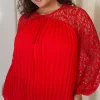 CurveWow Crochet Lace Pleated Swing Top Red