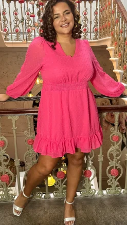 CurveWow Dobby Mesh Tiered Hem Skater Dress Pink