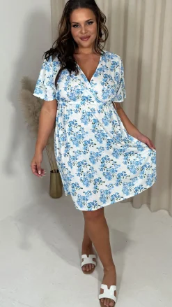 CurveWow Drop Shoulder Wrap Channel Waist Dress Blue Floral