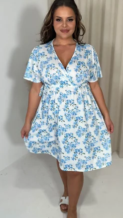 CurveWow Drop Shoulder Wrap Channel Waist Dress Blue Floral