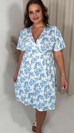 CurveWow Drop Shoulder Wrap Channel Waist Dress Blue Floral