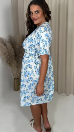 CurveWow Drop Shoulder Wrap Channel Waist Dress Blue Floral