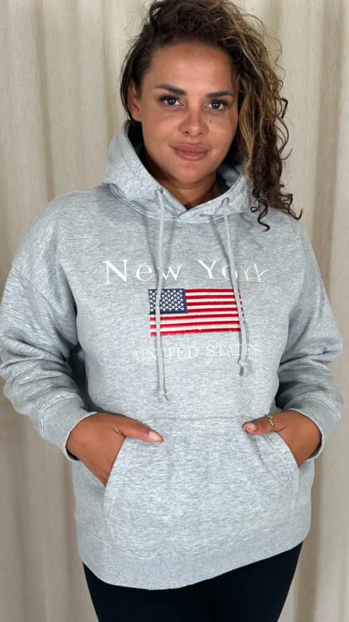 CurveWow Embroidered Flag Slogan Hoodie Grey