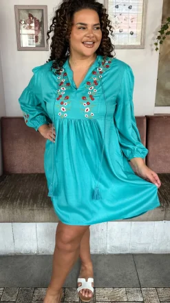 Curvewow Embroidered Tassel Tie Smock Dress Light Blue