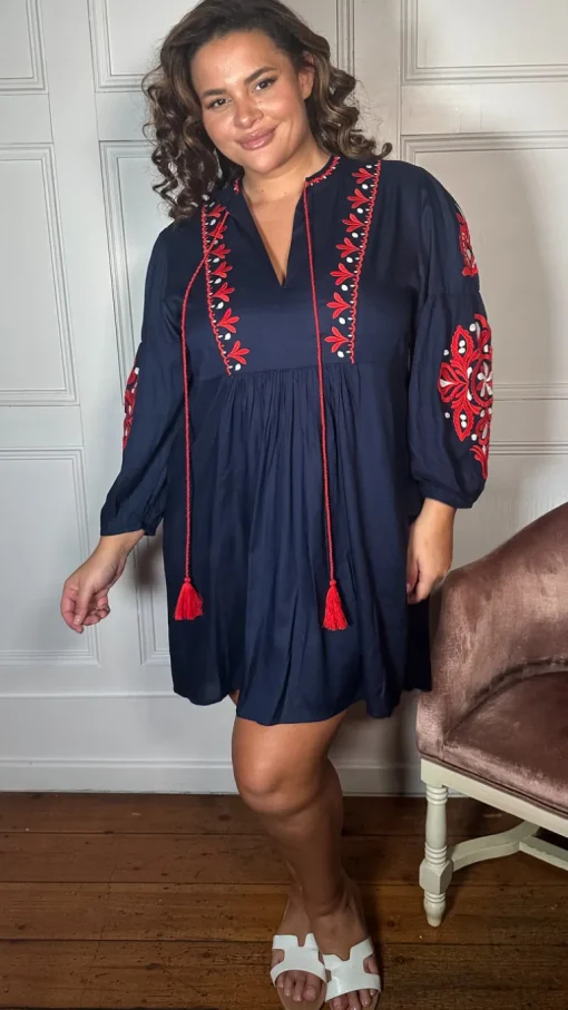 Curvewow Embroidered Tassel Tie Smock Dress Navy