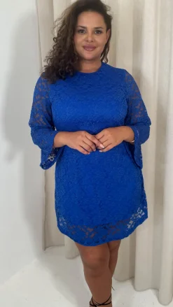 CurveWow Floral Lace Shift Dress Cobalt Blue