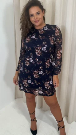 CurveWow Floral Lace Shift Dress Navy