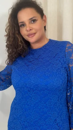 CurveWow Floral Lace Shift Dress Cobalt Blue