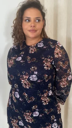 CurveWow Floral Lace Shift Dress Navy
