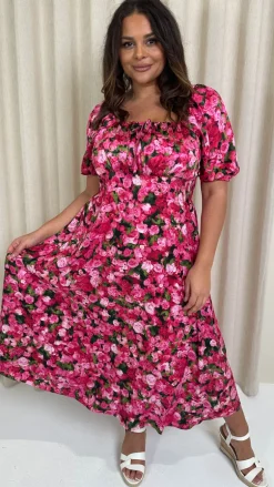 CurveWow Floral Milkmaid Dress Pink Floral