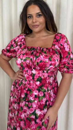 CurveWow Floral Milkmaid Dress Pink Floral