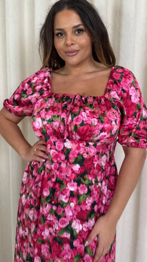 CurveWow Floral Milkmaid Dress Pink Floral