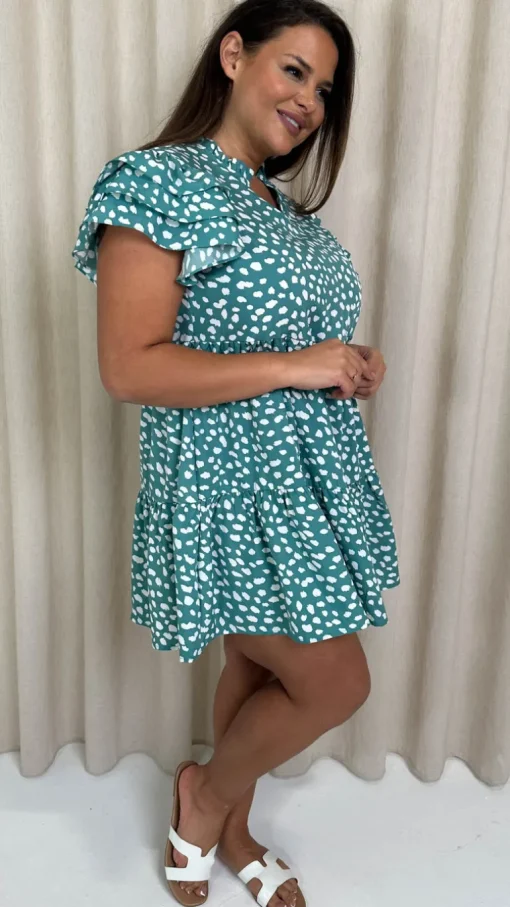CurveWow Fluted Sleeve Smock Dress Green Smudge
