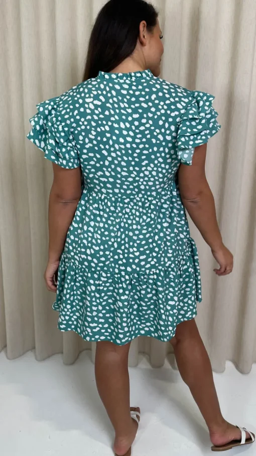 CurveWow Fluted Sleeve Smock Dress Green Smudge