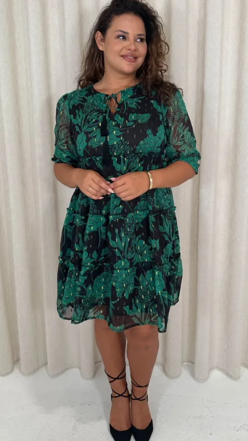 CurveWow Foil Printed Smock Mini Dress Green Floral