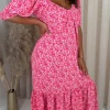 CurveWow Frill Hem Halter Tie Midi Dress Red/Pink Floral
