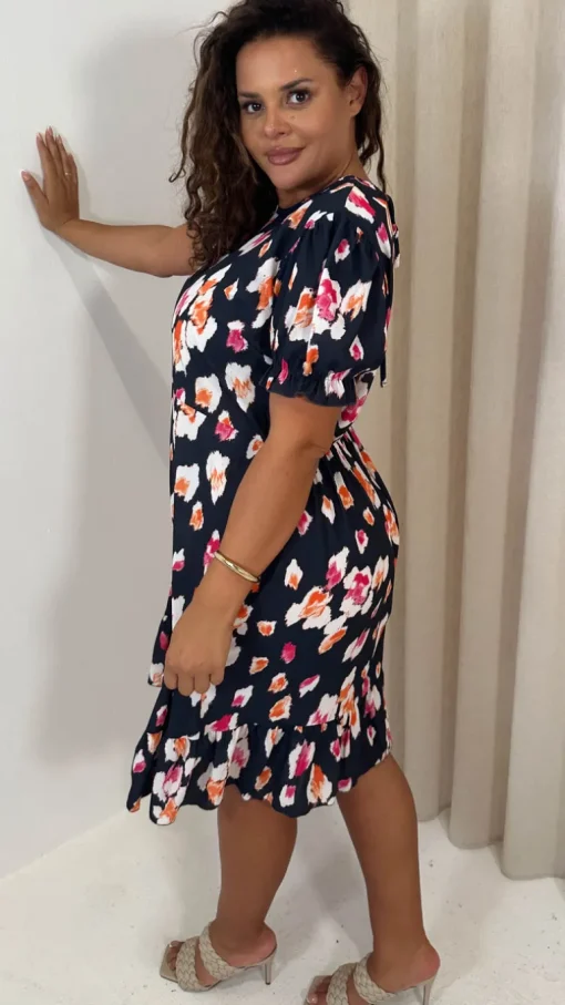 CurveWow Frill Hem Puff Sleeve Tea Dress Navy Animal