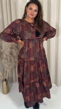 CurveWow Frill Tiered Maxi Dress Rust Mixed Animal