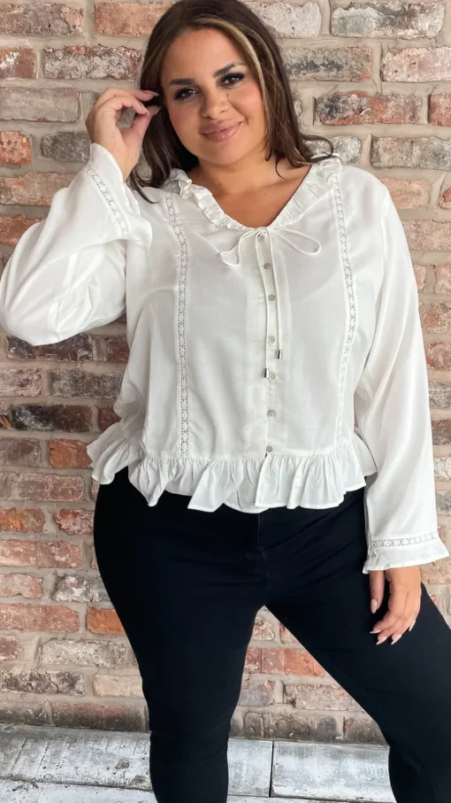 CurveWow Frill V Neck Blouse White