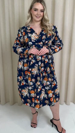 CurveWow Frill Wrap Dress Navy Floral