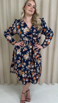 CurveWow Frill Wrap Dress Navy Floral