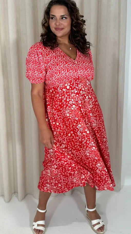 CurveWow Front Button Mix Match Print Midi Dress Red Mix